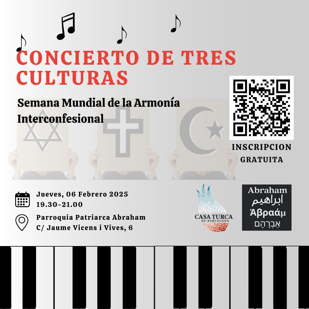 Celebrem la Setmana Mundial de l'Harmona Interconfessional de les Nacions Unides amb el Concert de les Tres Cultures!
#worldinterfaithharmonyweek

Inscriu-te: forms.gle/kiL4z22ddNaTcX…
T'esperem per compartir una nit única, plena de música  unió. No t'ho perdis!