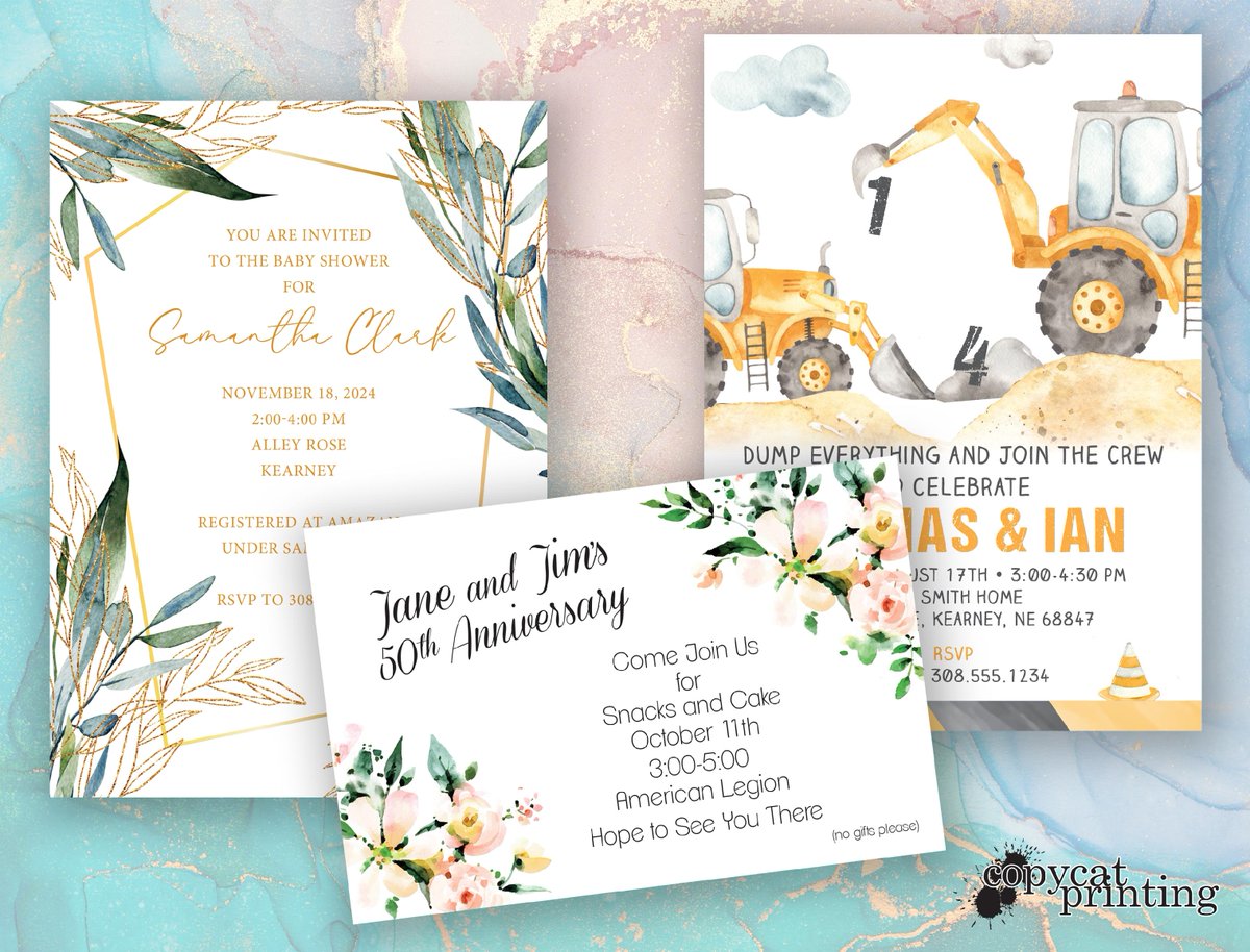 Copycat Printing can help you design and print invitations for your special event!

Ask us about printing on your envelopes to make mailing them out that much easier.

308.237.4677 - info@kearneycopycat.com - 2100 Ave A, Kearney