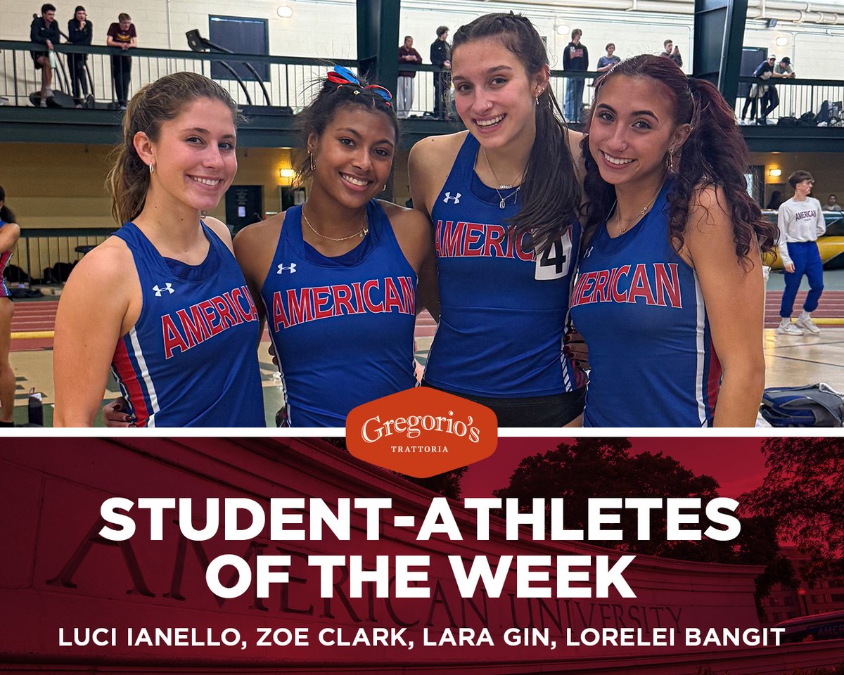 American U. Eagles (@aueagles) on Twitter photo After a record-setting performance, the 4x400 meter relay team from <a href="/AU_TrackXC/">AU Track & XC</a> has earned Gregorio's Student-Athlete of the Week honors.
The group includes senior Lucia Ianello, freshman Lara Gin, freshman Zoe Clark, and sophomore Lorelei Bangit.
➡️ aueagles.link/aow24 After a record-setting performance, the 4x400 meter relay team from <a href="/AU_TrackXC/">AU Track & XC</a> has earned Gregorio's Student-Athlete of the Week honors.
The group includes senior Lucia Ianello, freshman Lara Gin, freshman Zoe Clark, and sophomore Lorelei Bangit.
➡️ aueagles.link/aow24