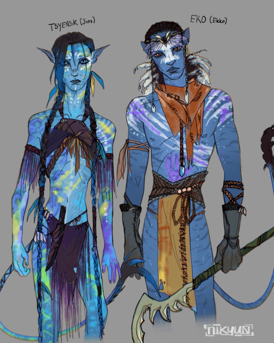 Nikyu0's tweet photo. Jinx and Ekko in the Avatar AU! #TimeBomb #arcane 
(Some writing below) https://t.co/QzxBpwzJlX