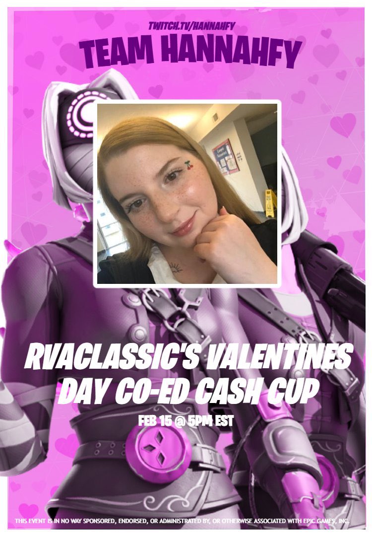 🚨 We’re locked in! 🚨

need 3 more ballistic goats for this!! dm me :)

I’ll be captaining a team for 
<a href="/RVAClassic/">Matt S. (Classic) 🌆</a>'s Valentine’s Day Co-Ed Cash Cup!🏆

📅February 15th @ 5:00pm EST
💰 Prize Pool: $500+
🎮 FN BALLISTIC 
💕 I’ll be live streaming!