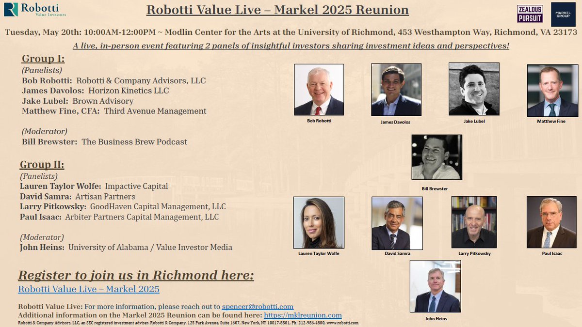 Markel Group will once again be hosting the Reunion festivities for their 2025 Markel Shareholders Meeting! The events will take place on Tuesday, May 20th&amp; Wednesday, May 21st at the University of Richmond. We are thrilled to be part of Day 1 this year with an outstanding group