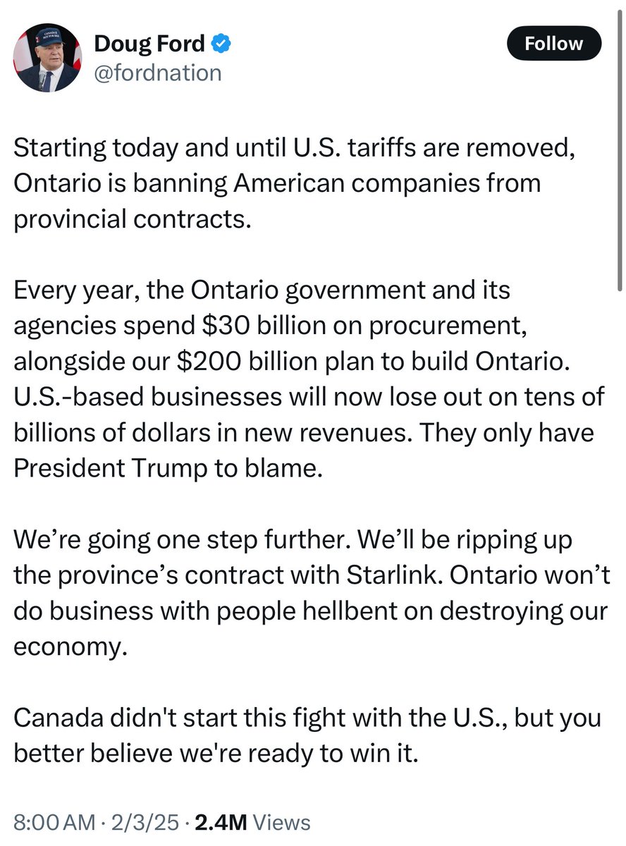 libsoftiktok's tweet photo. Ontario, Canada has cancelled their Starlink contract and will ban contracts from U.S. companies.

The Premier of Ontario is about to destroy his province all because Trump asked them to stop the flow of Fentanyl into the U.S. https://t.co/YLSBzGkLGo