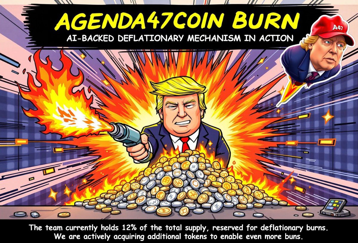 A47Network's tweet photo. One thing $Agenda 47 is so excited about is the burn mechanism! 

Agenda 47 is @realDonaldTrump 4 year economic and overall plan. Anytime the president or @elonmusk mentions Agenda 47 we burn 470,000 tokens. So not only do we get the PUMP of it being mentioned, we also burn tokens, decrease supply, which makes your value go HIGHER! 🚀

This isn’t even the final $Agenda plan! We’re doing something never been done by any traditional or web3 company! #A47 will be a household name. 

#agenda47 #memecoin
