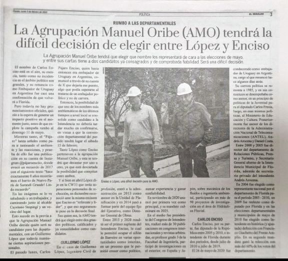 Nada para elegir con todo respeto a G.López el pájaro es el líder del P.N en florida y es lógico que sea nuestro candidato con estas noticias no sé que quieren inventar solo manija para la tribuna en mayo <a href="/PajaroEnciso/">Carlos Enciso Christiansen</a> intendente