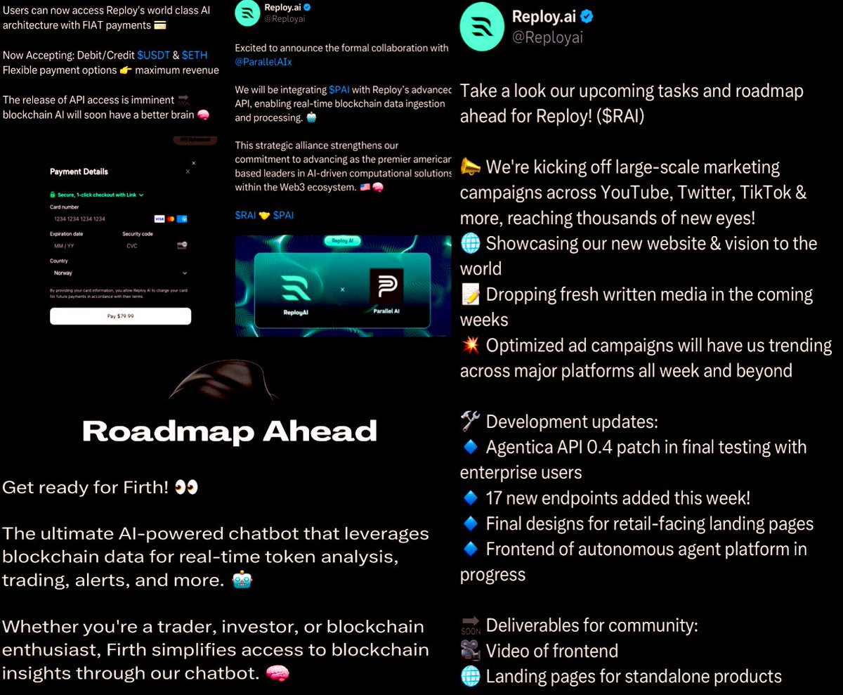 $RAI #REPLOY #AI 

💳 Reploy's Al architecture is now accessible w FIAT payments Debit/Credit $USDT &amp; $ЕТН

🤝Partnered w <a href="/ParallelAIx/">ParallelAI</a> “integrating $PAl w Reploy's advanced API, enabling real-time blockchain data ingestion &amp; processing

🗞️Roadmap released ⬇️&amp; Firth Launch🤖