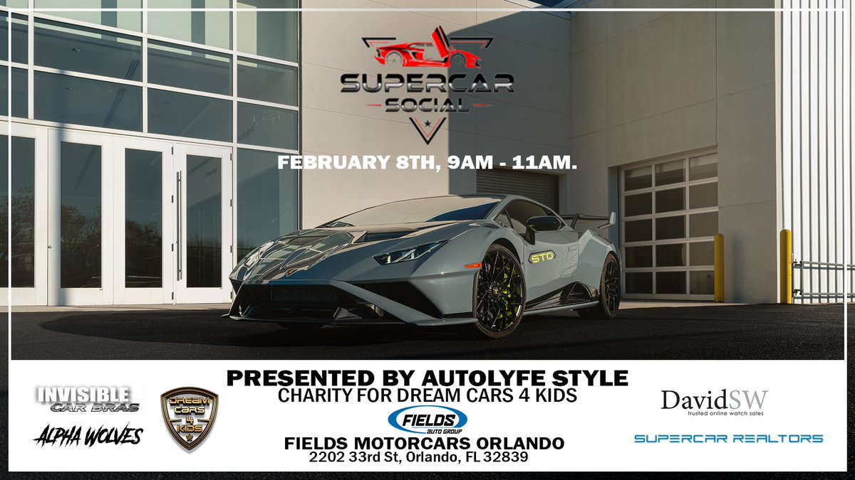 FieldsMCOrlando's tweet photo. #SupercarSocial is here! Presented by #AutoLyfeStyle &amp; benefiting #DreamCars4Kids.
📅 Feb 8th | ⏰ 9-11AM | 📍 2202 33rd St., Orlando, FL | Don’t miss an epic day of exotic cars &amp; giving back! Thanks to our sponsors: #InvisibleCarBras, #AlphaWolves, #DavidSW &amp; #SupercarRealtors https://t.co/6XR3sv3n0w