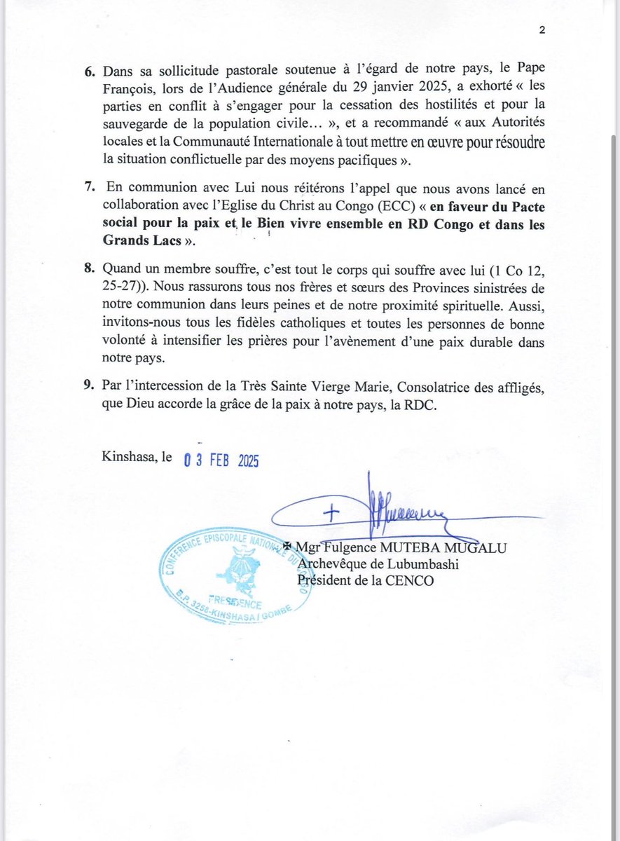 #RDC🇨🇩: L’Eglise Catholique à travers l’épiscopat est fortement préoccupée par "la dégradation de la situation sécuritaire dans les Provinces du Nord Kivu, du Sud-Kivu". 

Situation "aggravée particulièrement avec la prise de la ville de Goma par la coalition rebelle AFC/M23