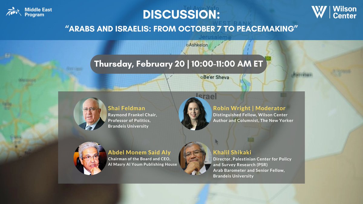 Middle East Program (@wilsoncentermep) on Twitter photo EVENT | Join us for a discussion on a new monograph by the <a href="/CrownCenterMES/">Crown Center for Middle East Studies</a>. <a href="/AbdelmonemSaid1/">Abdel monem Said</a>, <a href="/shaifeldman18/">Shai Feldman</a> & <a href="/KShikaki/">Khalil Shikaki</a> will explore how the Oct 7 Hamas attacks could shape a path to lasting peace. Moderated by <a href="/wrightr/">Robin Wright</a>.
📅2/20 & 10-11 AM
RSVP: wilsoncenter.org/event/discussi… EVENT | Join us for a discussion on a new monograph by the <a href="/CrownCenterMES/">Crown Center for Middle East Studies</a>. <a href="/AbdelmonemSaid1/">Abdel monem Said</a>, <a href="/shaifeldman18/">Shai Feldman</a> & <a href="/KShikaki/">Khalil Shikaki</a> will explore how the Oct 7 Hamas attacks could shape a path to lasting peace. Moderated by <a href="/wrightr/">Robin Wright</a>.
📅2/20 & 10-11 AM
RSVP: wilsoncenter.org/event/discussi…