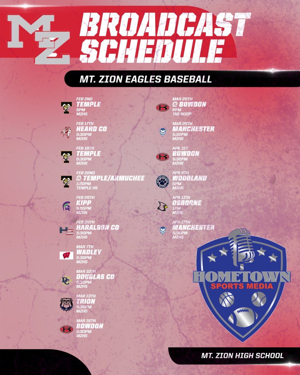 HSM_WestGA's tweet photo. The @BaseballMz , fresh off an incredible run in last years playoffs, look to build off of it this season. Join the voice of Mt. Zion, @MG_KMAC  as he'll bring you all the action on the Mt. Zion Eagles Network!!! https://t.co/8rahIL5Nss