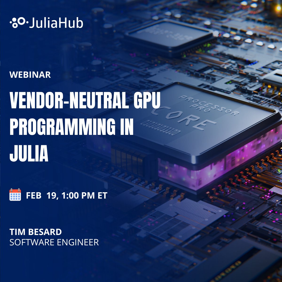 Want flexible, vendor-neutral GPU #programming in Julia? Join Tim Besard to explore KernelAbstractions.jl &amp; Julia’s array abstractions for high-performance, portable #GPU #code. Don’t miss out! juliahub.com/company/resour… #JuliaLang  #HighPerformanceComputing #MachineLearning