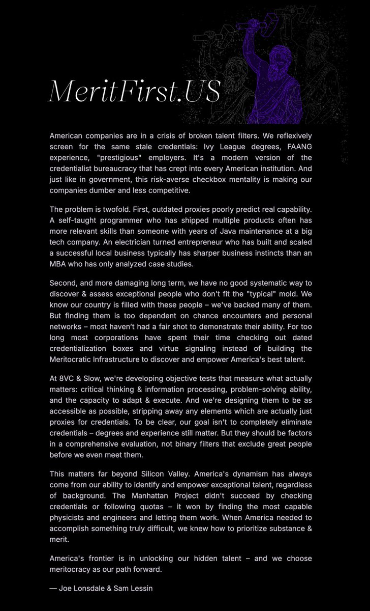 sam lessin 🏴☠️ (@lessin) on Twitter photo Today <a href="/JTLonsdale/">Joe Lonsdale</a> & I are excited to launch Merit First. Important missions require the best people. full stop. We are committed to helping orgs find the best talent through open testing. Take our alpha test, join as a company to access to our test-first pipeline today. Today <a href="/JTLonsdale/">Joe Lonsdale</a> & I are excited to launch Merit First. Important missions require the best people. full stop. We are committed to helping orgs find the best talent through open testing. Take our alpha test, join as a company to access to our test-first pipeline today.