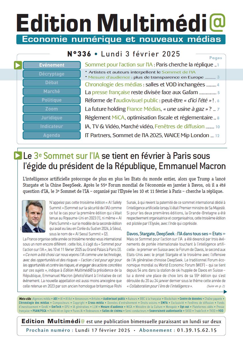 Charles de Laubier (@c2laubier) on Twitter photo L'#IA préoccupe de + en + les Etats du monde, alors que #Trump a lancé #Stargate et la #Chine <a href="/deepseek_ai/">DeepSeek</a>. Après le Forum de Davos où il a été question d'IA, le 3e Sommet de l'IA – que l'<a href="/Elysee/">Élysée</a> organise à Paris les 10 et 11 février – cherche la réplique editionmultimedia.fr/au-sommaire-du… L'#IA préoccupe de + en + les Etats du monde, alors que #Trump a lancé #Stargate et la #Chine <a href="/deepseek_ai/">DeepSeek</a>. Après le Forum de Davos où il a été question d'IA, le 3e Sommet de l'IA – que l'<a href="/Elysee/">Élysée</a> organise à Paris les 10 et 11 février – cherche la réplique editionmultimedia.fr/au-sommaire-du…