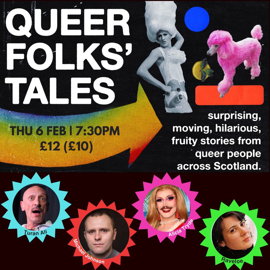 Queer Folks’ Tales is back for 2025! 
Many of the stories told will be true stories of LGBTQ+ experience in Scotland today. Hosted by <a href="/UKTuranAli/">Turan Ali</a>, who is joined by writer/actor Michael Johnson, singer-songwriter Raveloe &amp; drag performer Alicia Tryde. 
🎟️ shorturl.at/nqCla