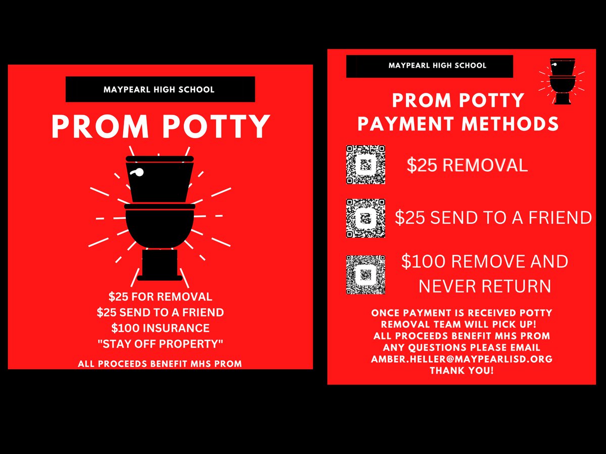 Prom Potty is on the move!  Please contact Mrs. Heller - if you would like to have it sent to someone.  All proceeds benefit Maypearl High School Prom. 

Here are the direct...
Remove Potty $25 - square.link/u/zER1NsKY?src…
...
maypearlisd.org/post-details/~…
