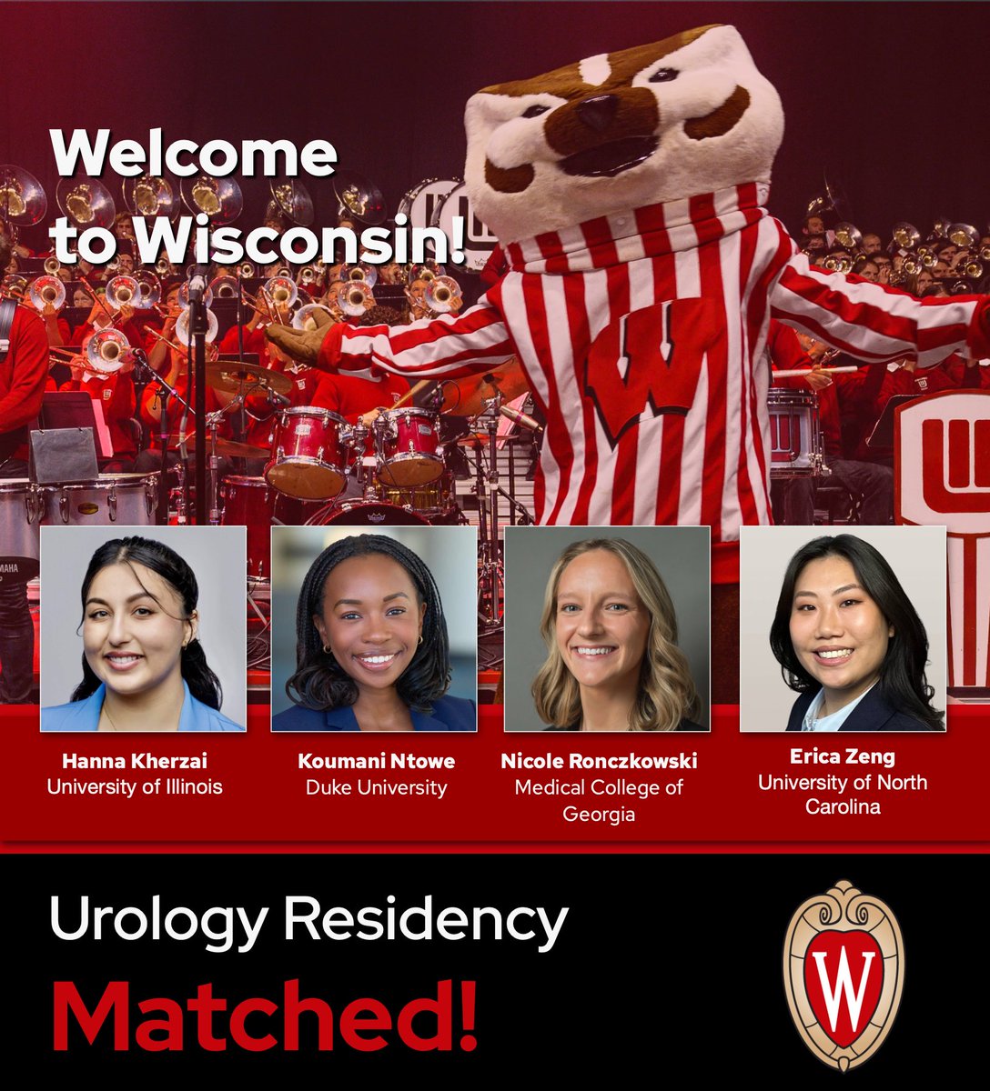 UW Urology (@wiscurology) on Twitter photo We are thrilled to announce our four outstanding 2025 <a href="/WiscUroRes/">UW Madison Urology Residency</a> Program matches – <a href="/HannaKherzai/">Hanna Kherzai</a> <a href="/KoumaniN/">Koumani Ntowe</a> <a href="/NRonczkowski/">Nicole Ronczkowski</a> and <a href="/gm_ezeng/">Erica Zeng</a>
Welcome to Wisconsin!
#UroMatch #UroMatch2025 #UroMatch #UroSoMe #Match2025 <a href="/NakadaSteve/">Steve Nakada</a> <a href="/AmerUrological/">Amer. Urol. Assn.</a> We are thrilled to announce our four outstanding 2025 <a href="/WiscUroRes/">UW Madison Urology Residency</a> Program matches – <a href="/HannaKherzai/">Hanna Kherzai</a> <a href="/KoumaniN/">Koumani Ntowe</a> <a href="/NRonczkowski/">Nicole Ronczkowski</a> and <a href="/gm_ezeng/">Erica Zeng</a>
Welcome to Wisconsin!
#UroMatch #UroMatch2025 #UroMatch #UroSoMe #Match2025 <a href="/NakadaSteve/">Steve Nakada</a> <a href="/AmerUrological/">Amer. Urol. Assn.</a>