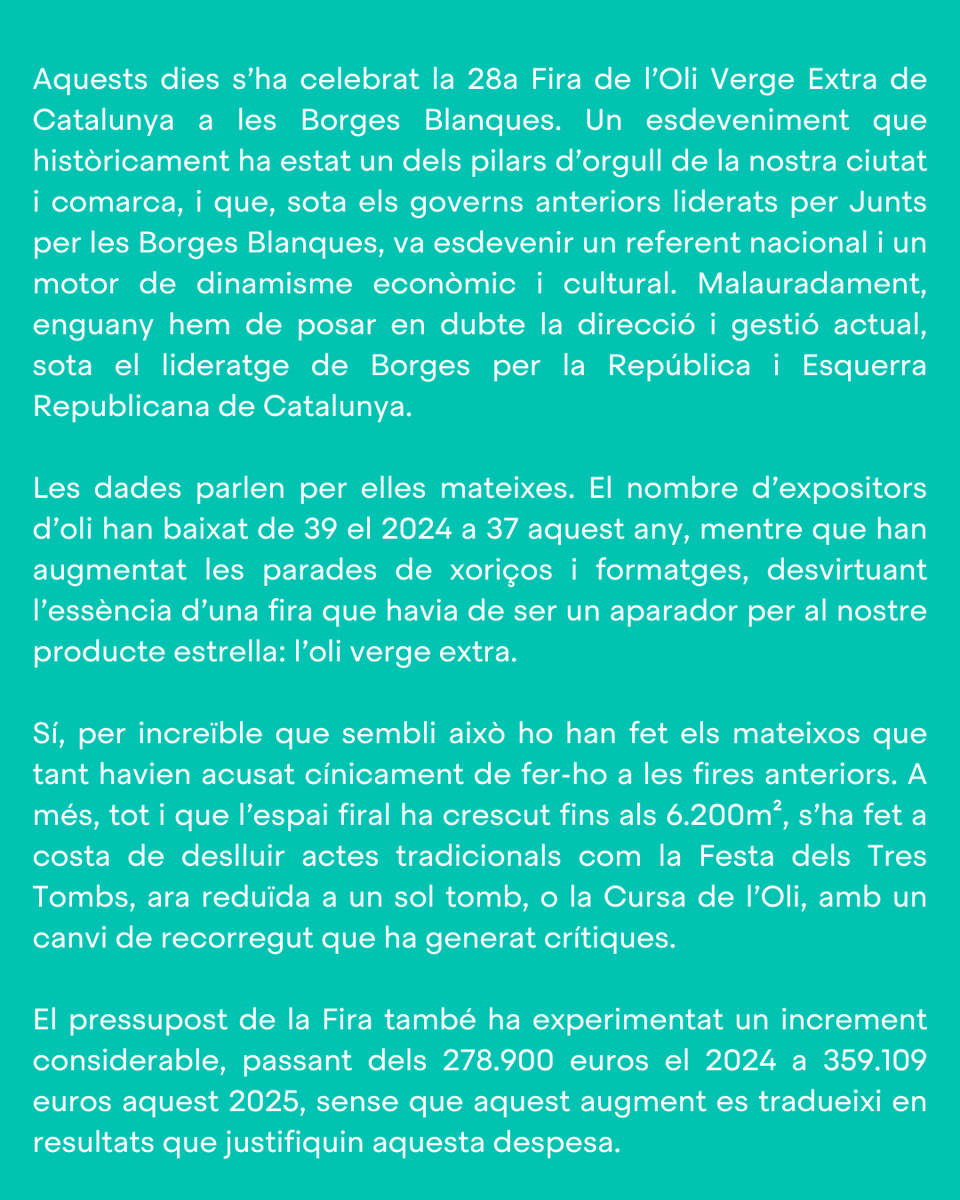 JuntsVLleida's tweet photo. ✍️ OPINIÓ | Cap on Vas, Fira de l'Oli?
Menys expositors d’oli, més paradetes de formatges i un pressupost que creix sense resultats clars. És hora de recuperar la seva essència! 💛💚
@juntslesborgesb
#FiraDeLOli #BorgesBlanques #OliVergeExtra #Tradició https://t.co/9eRiCfZT33