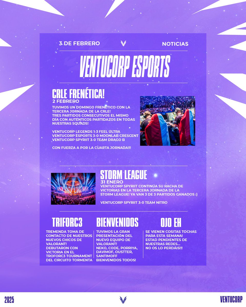 VentuCorp eSports (@ventucorp) on Twitter photo 📰💜VentuNews #3
Empieza una semana BRUTAL
🔹¡@CRLELEAGUE Y <a href="/StormleagueESP/">Storm_League_rl</a> FRENÉTICAS! 4 partidazos Vs/<a href="/UltraInstinctes/">Ultra Instinct</a> <a href="/MoonLabGaming/">MoonLab Gaming</a> <a href="/dragoesp_/">team_drago_esp</a> #TeamNitro
🔹PRESENTACIÓN Y DEBUT de nuestro roster de #Valorant en <a href="/TormentaVALes/">Circuito Tormenta | VALORANT</a>
🔹💣ESTA SEMANA🆕
#VentuCorpForever • #Esports 📰💜VentuNews #3
Empieza una semana BRUTAL
🔹¡@CRLELEAGUE Y <a href="/StormleagueESP/">Storm_League_rl</a> FRENÉTICAS! 4 partidazos Vs/<a href="/UltraInstinctes/">Ultra Instinct</a> <a href="/MoonLabGaming/">MoonLab Gaming</a> <a href="/dragoesp_/">team_drago_esp</a> #TeamNitro
🔹PRESENTACIÓN Y DEBUT de nuestro roster de #Valorant en <a href="/TormentaVALes/">Circuito Tormenta | VALORANT</a>
🔹💣ESTA SEMANA🆕
#VentuCorpForever • #Esports