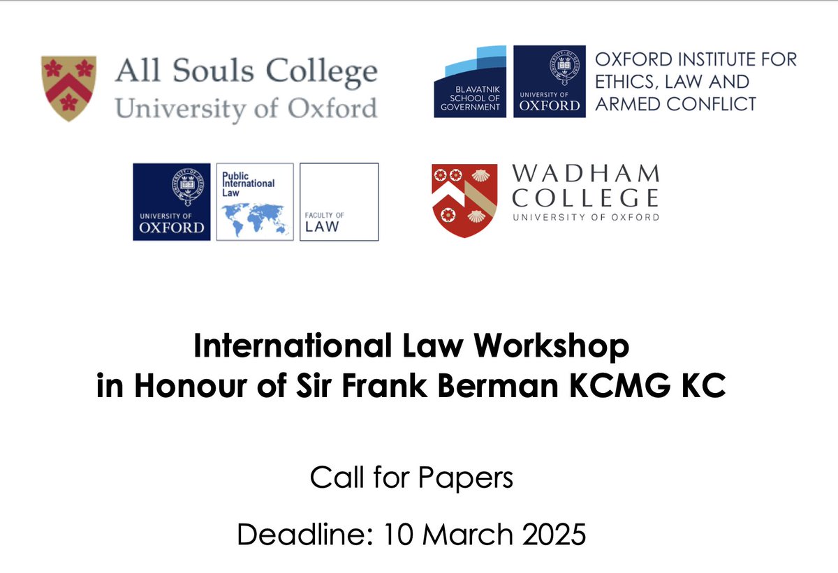 ELAC_Oxford's tweet image. 📢 Call for Papers - International Law Workshop
in Honour of Sir Frank Berman KCMG KC
We invite submissions on the topic of treaty regimes in int'l law for this 17 Jun workshop aimed at early-career researchers. Details via the 🔗👇
⏰ 10 March 2025
🔗bit.ly/4aFNij3