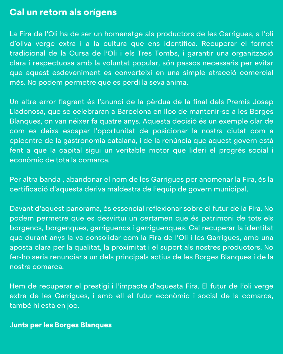 JuntsVLleida's tweet photo. ✍️ OPINIÓ | Cap on Vas, Fira de l'Oli?
Menys expositors d’oli, més paradetes de formatges i un pressupost que creix sense resultats clars. És hora de recuperar la seva essència! 💛💚
@juntslesborgesb
#FiraDeLOli #BorgesBlanques #OliVergeExtra #Tradició https://t.co/9eRiCfZT33