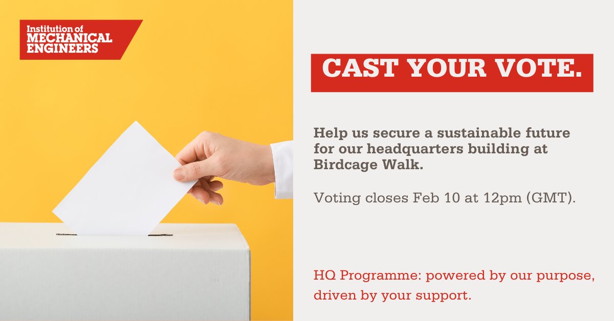 IMechE's tweet photo. 📢 One Week Left to Vote – Have Your Say.

The member vote is open until 12pm (GMT) on 10 February 2025 – just one week to go. Eligible voting members have been emailed their unique voting links.

A vote ‘FOR’ unlocks the opportunity to explore all available options for the future of our headquarters.

Vote now and make your voice heard!
