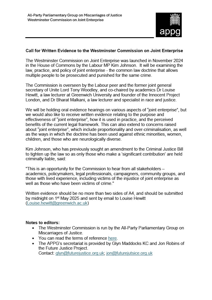 KimJohnsonMP's tweet photo. The Westminster Commission on Joint Enterprise is calling for written evidence on the law &amp; practice of joint enterprise.

This is a chance for academics, legal experts, campaigners, and those affected by JE to have their voices heard. Submit your evidence by May 1st 2025. https://t.co/OVYYmBJ6E1