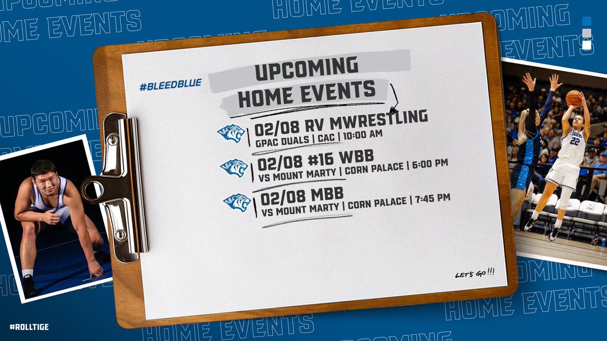dwusports's tweet photo. 🐯 THE WEEK AHEAD 🐯

Busy saturday for us Tigers! 👀 

RV MWrestling vs GPAC Duals 10:00 AM

! THEME - Ｊｅｒｓｅｙ Ｎｉｇｈｔ!
#15 WBB vs Mount Marty 6:00 PM
MBB vs Mount Marty 7:45 PM

See Y’all There! 

#RollTige https://t.co/Kszk2SXVEC