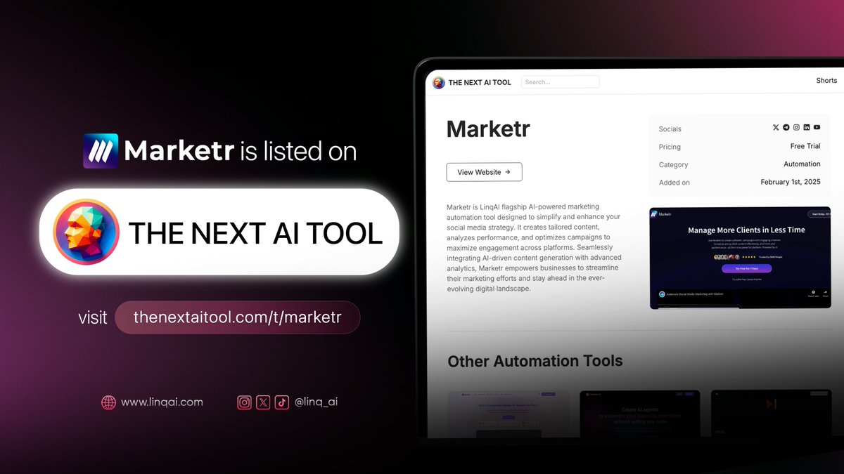 linq_ai's tweet image. 🎯 Another milestone unlocked!

Marketr is now available on The Next AI Tool.

🔗 Check it out: thenextaitool.com/t/marketr

$LNQ