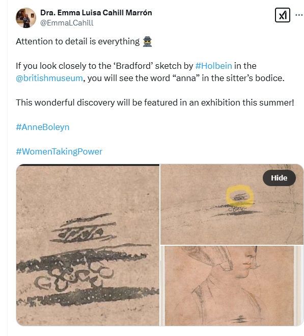 SylviaBSo's tweet photo. How amazing is this? Holbein's sketch of an unknown lady, often identified as Anne Boleyn, has the name 'Anna' subtly spelled out in the sitter's bodice!  

 Could this be Anne's true likeness? You're onto something BIG here, Dr Emma! 😍 

Credit goes to @EmmaLCahill 👇 https://t.co/27lu5KS5co
