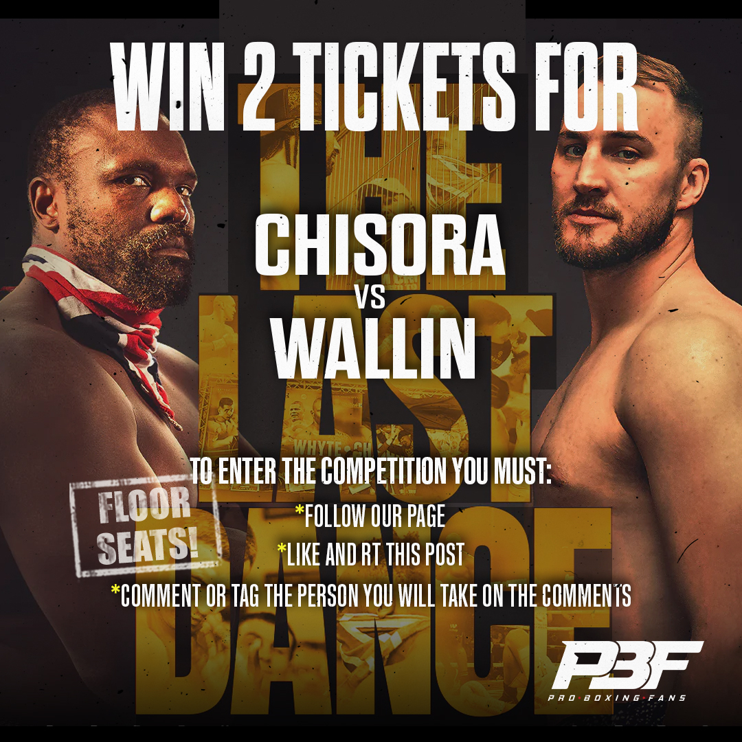 Pro Boxing Fans (@proboxingfans) on Twitter photo β° COMPETITION TIME β°
We have 2β£ sets of FLOOR TICKETS for #ChisoraWallin to giveaway..
1) Follow <a href="/ProBoxingFans/">Pro Boxing Fans</a> β
2) Like and RT this post π
3) Tag the friend you'll bring along with you π¬
Winner will be announced 7pm on Thursday π’ β° COMPETITION TIME β°
We have 2β£ sets of FLOOR TICKETS for #ChisoraWallin to giveaway..
1) Follow <a href="/ProBoxingFans/">Pro Boxing Fans</a> β
2) Like and RT this post π
3) Tag the friend you'll bring along with you π¬
Winner will be announced 7pm on Thursday π’
