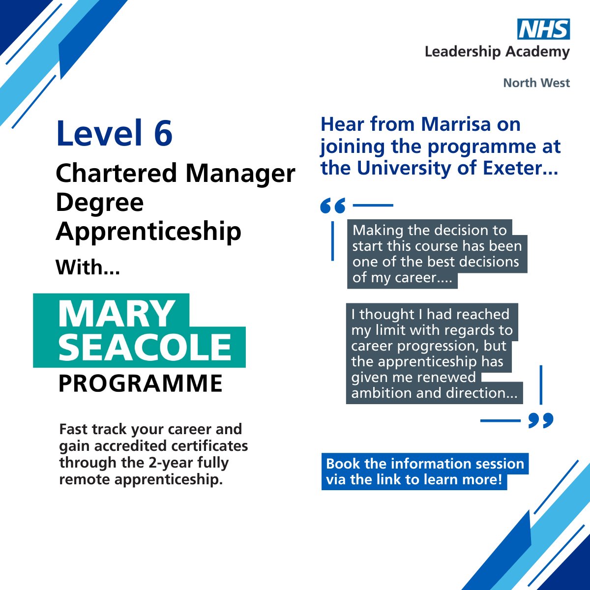 NHS North West Leadership Academy (@nhsnwla) on Twitter photo "Making the decision to start this course has been one of the best decisions of my career", said Marissa, on joining the LVL 6 Chartered Manager Degree Apprenticeship (with Mary Seacole Programme) at <a href="/UniofExeter/">University of Exeter</a>
Book the info session to learn more:
eventbrite.co.uk/e/chartered-ma…
#NHS "Making the decision to start this course has been one of the best decisions of my career", said Marissa, on joining the LVL 6 Chartered Manager Degree Apprenticeship (with Mary Seacole Programme) at <a href="/UniofExeter/">University of Exeter</a>
Book the info session to learn more:
eventbrite.co.uk/e/chartered-ma…
#NHS