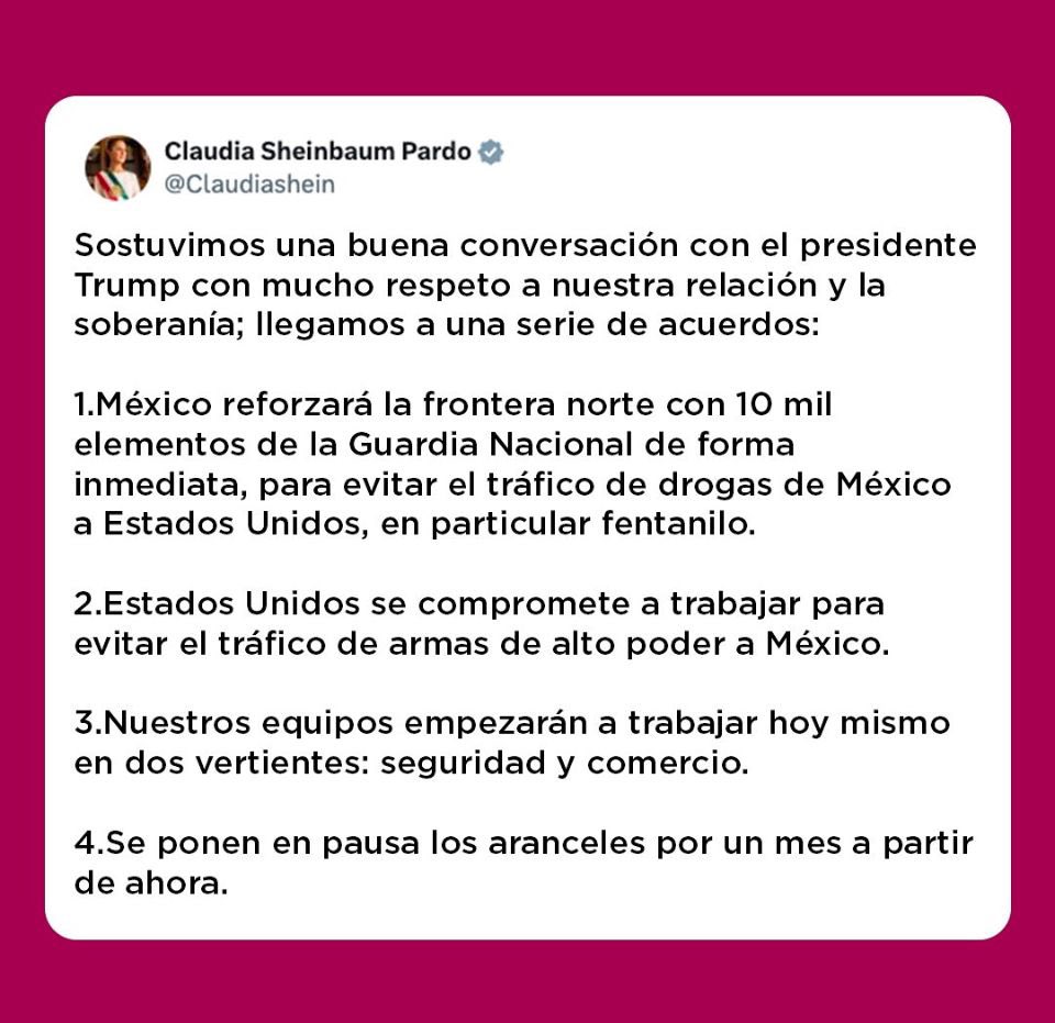 Acuerdos después de la llamada que tuvieron el día de hoy por la mañana nuestra Presidenta @claudia_shein y el Presidente Trump. 
#acuerdos #tlaxcala #sedeco #claudiasheinbaum