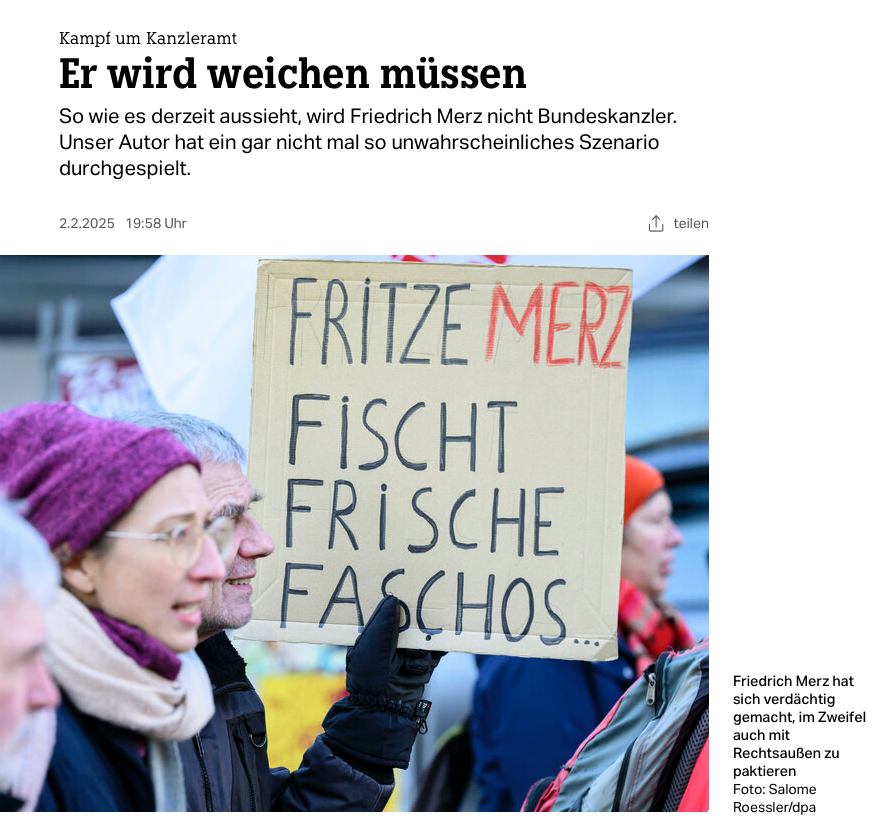 taz spielt Erpressungs-Szenario durch: Wenn niemand mit Merz koaliert, könnte Scholz im Amt bleiben, bis die CDU ihn gegen Wüst auswechselt.