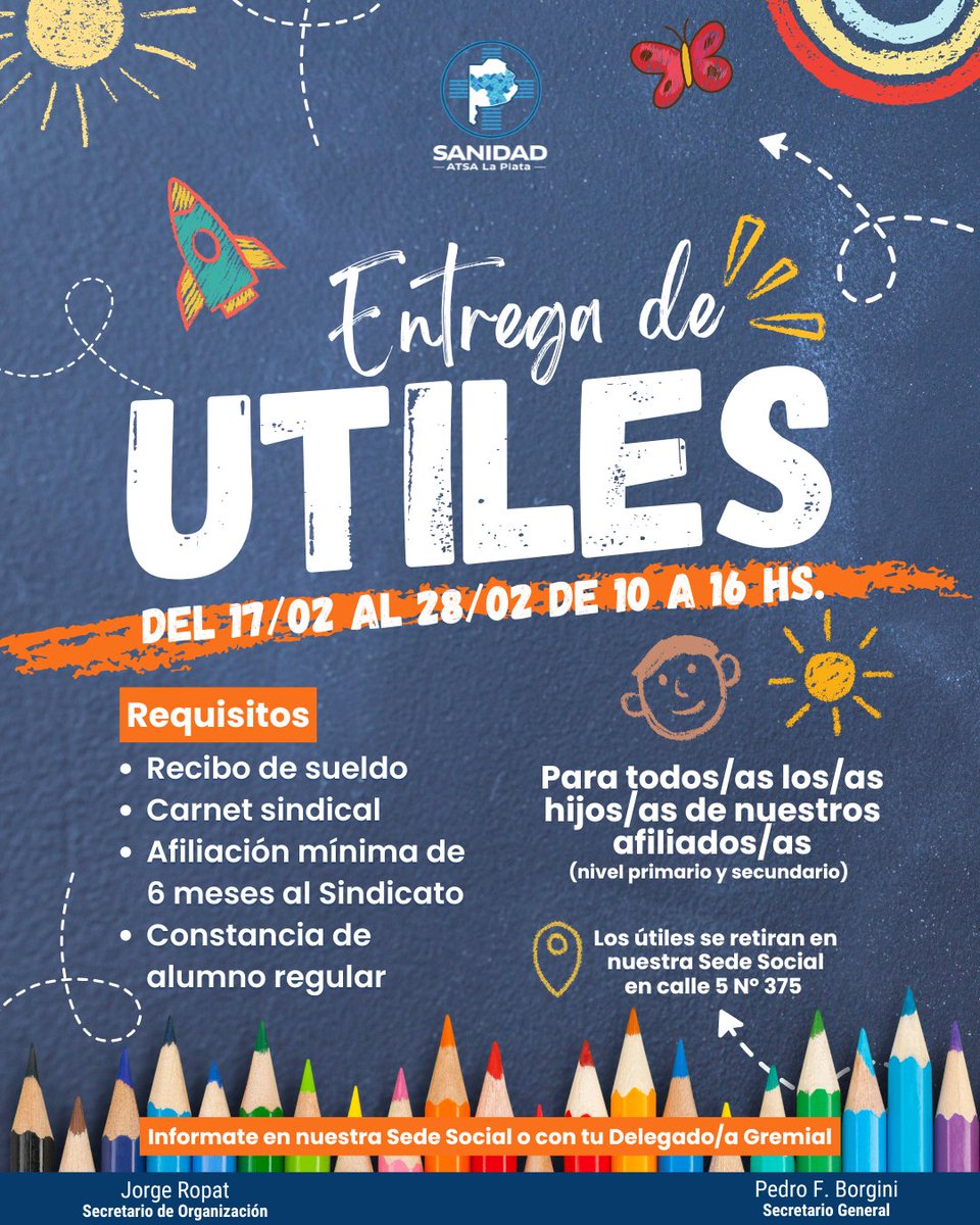 ATSALaPlata1's tweet photo. 🎒Vuelta #AlColeConATSA del 17/2 al 28/2 realizaremos la entrega de útiles para el ciclo lectivo 2025👉La entrega se realizará en la Secretaría de Organización, 1er Piso.
Para otras consultas/ información, comunicáte a los teléfonos: 425-5167/ 425-9612/ 483-8573, int. 1105. https://t.co/cyFrQaethd