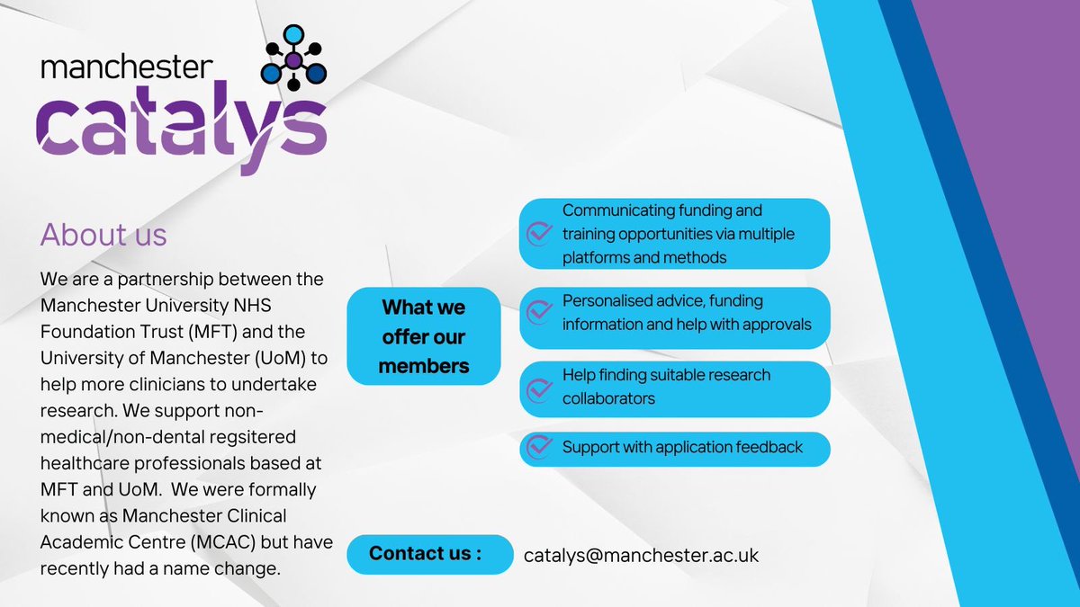 Manchester Catalys (@mcrcatalys) on Twitter photo Are you a registered #healthcare professional based <a href="/MFTnhs/">MFT NHS</a> or <a href="/FBMH_UoM/">UoM Biology, Medicine and Health</a> who is interesting in building a research career? At Manchester Catalys, we’re here to help and support non-medical/non-dental HCPs. More about us & what we offer below ⬇️
<a href="/MFT_Research/">MFT Research and Innovation</a> <a href="/karenkemp46/">Dr Karen Kemp</a> Are you a registered #healthcare professional based <a href="/MFTnhs/">MFT NHS</a> or <a href="/FBMH_UoM/">UoM Biology, Medicine and Health</a> who is interesting in building a research career? At Manchester Catalys, we’re here to help and support non-medical/non-dental HCPs. More about us & what we offer below ⬇️
<a href="/MFT_Research/">MFT Research and Innovation</a> <a href="/karenkemp46/">Dr Karen Kemp</a>