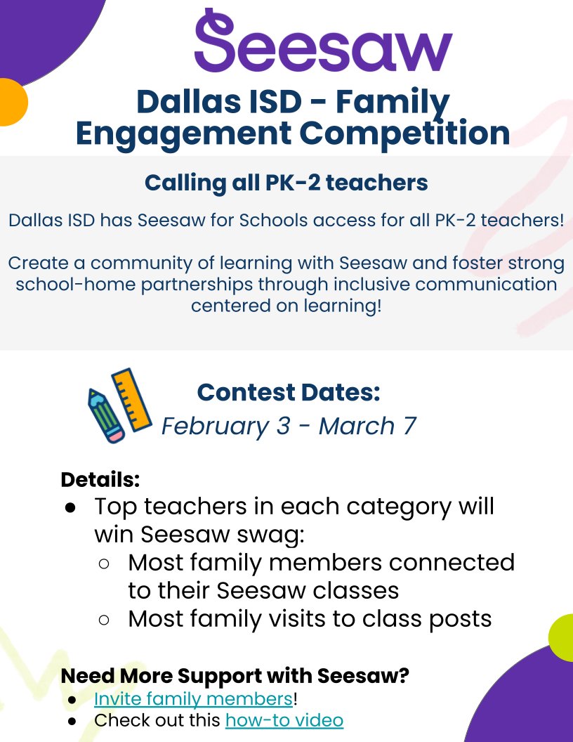 Digital Learning in Early Learning (@digitaldisd) on Twitter photo 📢 PreK-2 Teachers: Dallas ISD + Seesaw Family Engagement competition starts TODAY! Invite families to join your Seesaw class, boost student achievement, and WIN! Click to connect families: help.seesaw.me/hc/en-us/artic…
<a href="/ICanReadDallas/">Early Learning Dallas ISD</a> <a href="/CrisJackson23/">Cristal Jackson</a> @MurilloDebbie1 <a href="/dallasschools/">Dallas ISD</a> 📢 PreK-2 Teachers: Dallas ISD + Seesaw Family Engagement competition starts TODAY! Invite families to join your Seesaw class, boost student achievement, and WIN! Click to connect families: help.seesaw.me/hc/en-us/artic…
<a href="/ICanReadDallas/">Early Learning Dallas ISD</a> <a href="/CrisJackson23/">Cristal Jackson</a> @MurilloDebbie1 <a href="/dallasschools/">Dallas ISD</a>