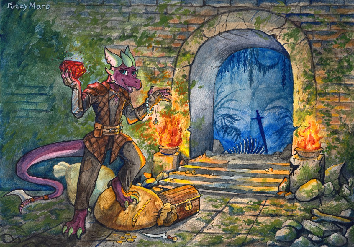 Fuzzy_Maro's tweet photo. Watercolor painting of a DnD character! Painted it on paper with a thick texture, and it was super satisfying because I could play around with wet paint for shadows and use a dry brush for those rocky textures. This piece will be mailed to its owner #watercolors https://t.co/BIe1czobp6