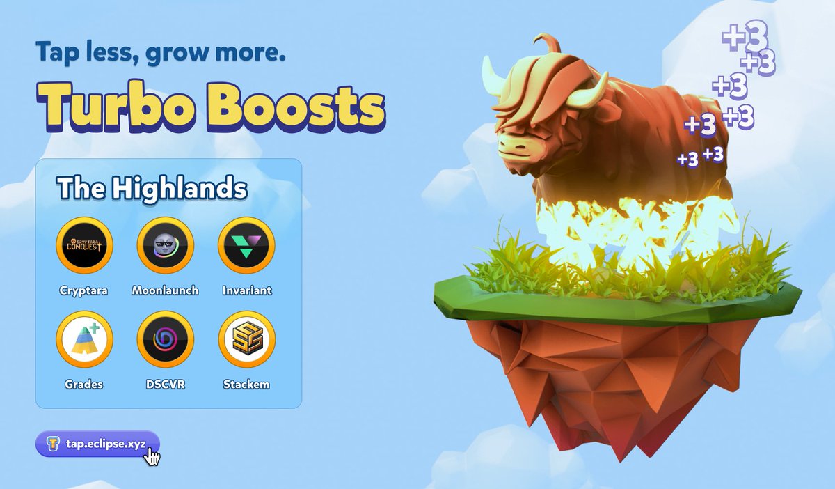 Eclipse (๐ฎ,๐) (@eclipsefnd) on Twitter photo 'Highlands' Boosts are now live on tap.eclipse.xyz!
Featuring:
๐ <a href="/CryptaraConq/">Cryptara Conquest</a>
๐ <a href="/Moonlaunchfun/">Moonlaunch.Fun</a>
๐ <a href="/invariant_labs/">Invariant</a>
๐ <a href="/GradesNFT/">Grades</a>
๐ <a href="/DSCVR1/">dscvr.one</a>
๐ <a href="/stackem_xyz/">StackEM</a>
More info ๐ 'Highlands' Boosts are now live on tap.eclipse.xyz!
Featuring:
๐ <a href="/CryptaraConq/">Cryptara Conquest</a>
๐ <a href="/Moonlaunchfun/">Moonlaunch.Fun</a>
๐ <a href="/invariant_labs/">Invariant</a>
๐ <a href="/GradesNFT/">Grades</a>
๐ <a href="/DSCVR1/">dscvr.one</a>
๐ <a href="/stackem_xyz/">StackEM</a>
More info ๐