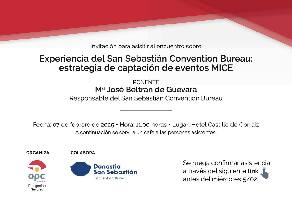 📅 7 de febrero - 11:00
📍 <a href="/CastilloGorraiz/">Castillo de Gorraiz</a> 

Encuentro #OPCnavarra
"Experiencia del <a href="/SanSebastianCB/">Donostia San Sebastián Convention Bureau</a>: estrategia de captación de eventos MICE" con Mª José Beltrán de Guevara.

Inscripciones docs.google.com/forms/d/e/1FAI…

<a href="/VisitNavarra/">Visit Navarra</a> <a href="/VisitPamplona/">Pamplona - Iruña Turismo</a> <a href="/Meet_In_PNA/">Meet In Pamplona & Navarra</a>