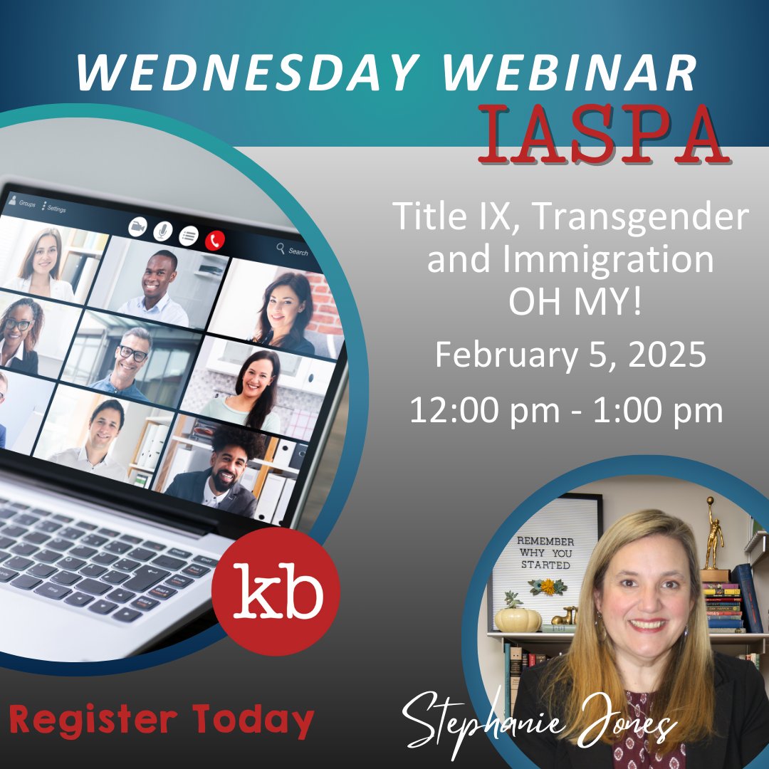 Kriha Boucek K-12 Education Law Attorneys (@krihabouceklaw) on Twitter photo IASPA Webinar Wednesday
Title IX, Transgender and Immigration- OH MY!
This week <a href="/EdLawSteph1/">Stephanie Jones</a> presents the latest updates to federal law related to Title IX, transgender rights, and immigration issues.
Wednesday, February 5, 2025
Register Now: loom.ly/V1RxBs0 IASPA Webinar Wednesday
Title IX, Transgender and Immigration- OH MY!
This week <a href="/EdLawSteph1/">Stephanie Jones</a> presents the latest updates to federal law related to Title IX, transgender rights, and immigration issues.
Wednesday, February 5, 2025
Register Now: loom.ly/V1RxBs0