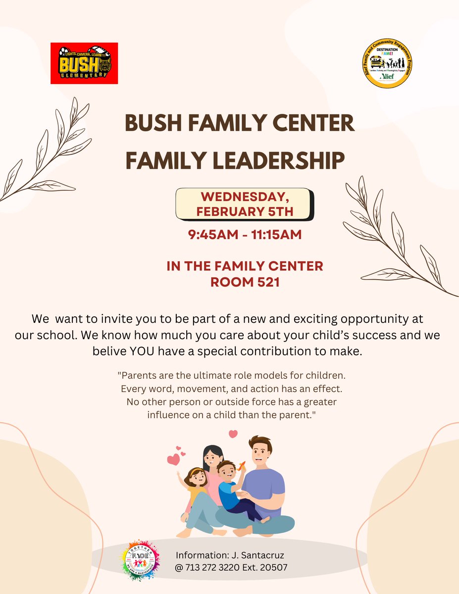 The Family Center invites you to a Leadership Family Class. I hope to see you all!  ⁦<a href="/Alief_Fame/">Alief FACE</a>⁩ ⁦<a href="/ajbushelem/">Bush Elementary</a>⁩