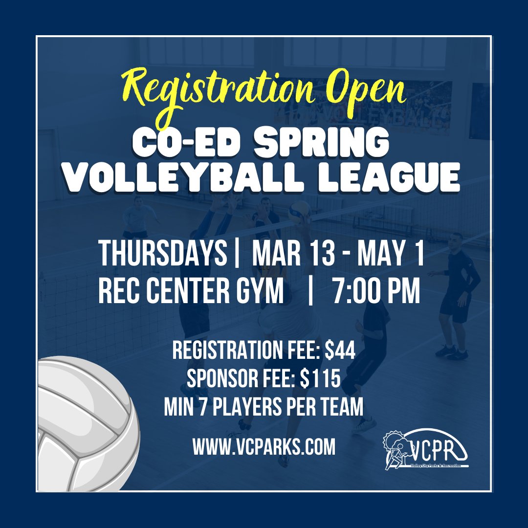 VCParkRec's tweet photo. Spring Co-Ed Volleyball registration is OPEN. 📷
Dates: March 13 - May 1
Days: Thursdays
Location: Rec Center Gym Valley City, ND
Early Registration Fee: $44
Sponsor Fee: $115
Minimum # of players: 7
See more here: https://t.co/fYMtCk6XUx
Register here: https://t.co/plmwwY36I9 https://t.co/f2W0dy79Sy