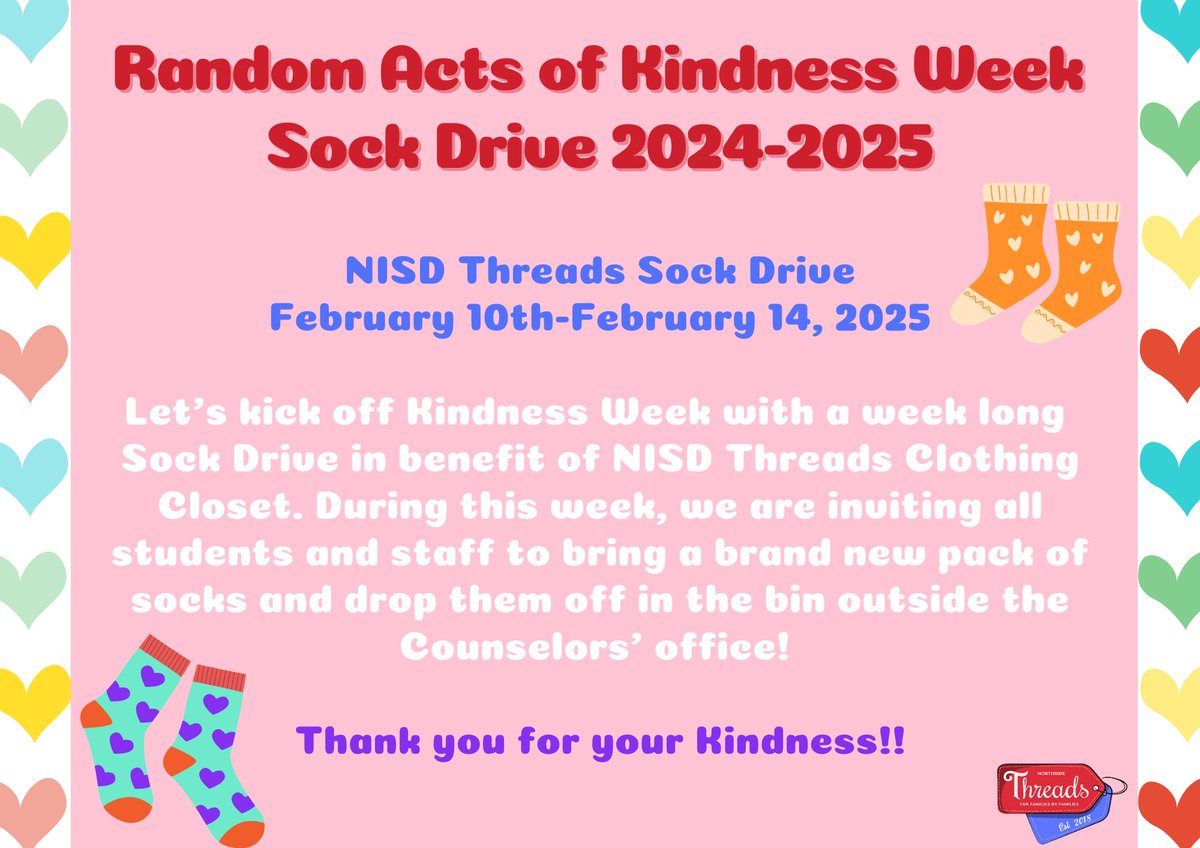 MrsJames (@mrsjames_f117) on Twitter photo RAK Week 24-25 - Join us next week for our Random Acts of Kindness activities! Let's continue to spread kindness! We are also having our Kindness Club Sock Drive - read the flyers for more information!
<a href="/mrsganev/">Alyssa Ganev</a> <a href="/NISDCounseling/">NISD Counseling</a> <a href="/NISDBOONE/">Murray E. Boone</a> RAK Week 24-25 - Join us next week for our Random Acts of Kindness activities! Let's continue to spread kindness! We are also having our Kindness Club Sock Drive - read the flyers for more information!
<a href="/mrsganev/">Alyssa Ganev</a> <a href="/NISDCounseling/">NISD Counseling</a> <a href="/NISDBOONE/">Murray E. Boone</a>