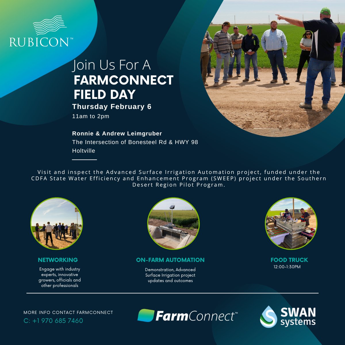 Join us in Holtville, CA on Feb 6 for the <a href="/FarmConnect_IoT/">FarmConnect</a> field day! 🌱 We’ll showcase the Advanced Surface Irrigation Automation project with <a href="/swnsys/">SWAN Systems</a>

🗓️ Feb 6 | ⏱️ 11am-2pm
📍Bonesteel Rd &amp; HWY 98, Holtville

RSVP ➡️ hubs.la/Q034-LZS0