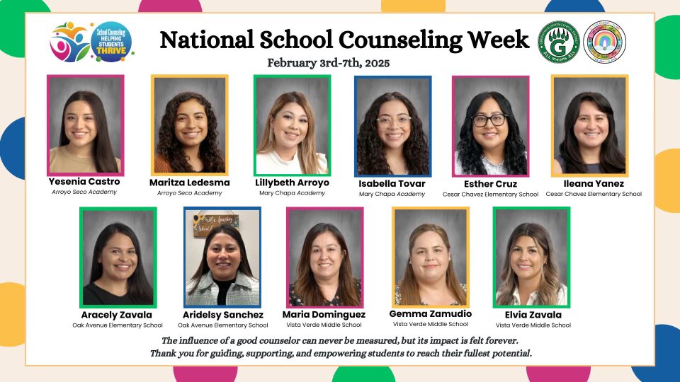 National School Counseling Week! This week, we celebrate the invaluable role school counselors play in shaping the lives of students. They provide support, guidance, and a listening ear, helping our youth thrive academically, socially, &amp; emotionally. ~ Thank you! <a href="/LCortezGUSD/">Laura Cortez</a>