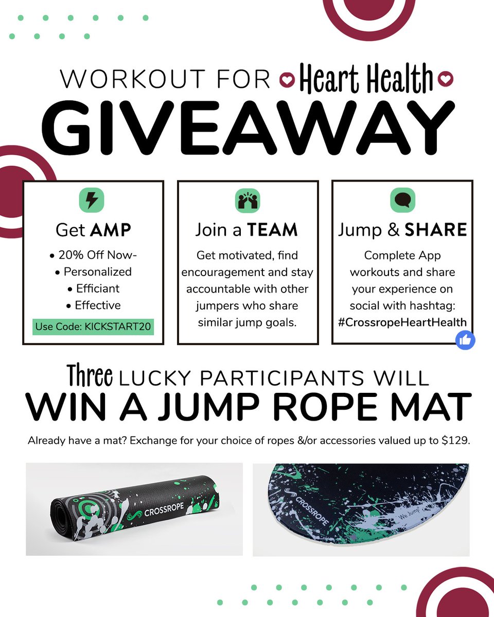 Jump for your heart this February! 💙

Prioritize your heart health and enter our Heart Health Giveaway to win a Jump Rope Mat (or ropes/accessories up to $129 if you already have one)! Here’s how to enter:

We’ll pick 3 winners—let’s get moving! 🚀 #HeartHealth #JumpForJoy