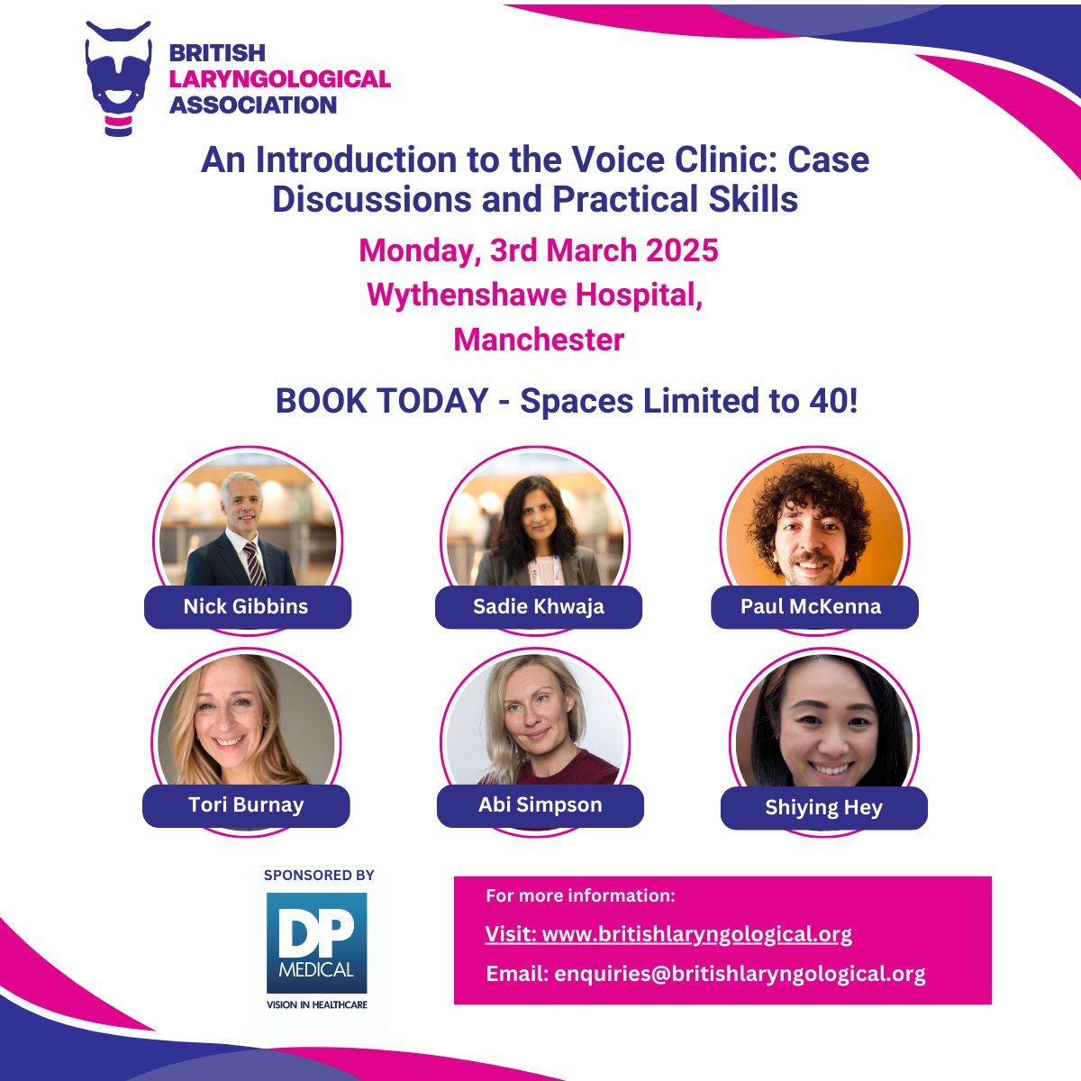 🚨This is the last day to get your early bird ticket for the Voice Clinic!

 What you need to know:
✔️ 2 expert voice clinic teams
✔️ morning discussions and afternoon practical workshops
✔️ designed for SLTs and ENT trainees
📆 3rd March 2025
📍Wythenshawe Hospital, Manchester