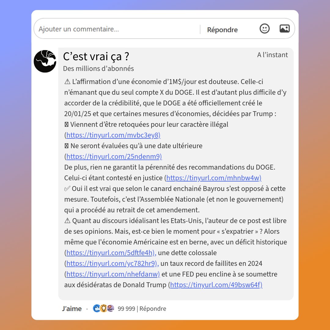Musk fait économiser 1 milliard par jour aux USA
Disponible sur notre site : cestvraica.com/debunk/1335657…