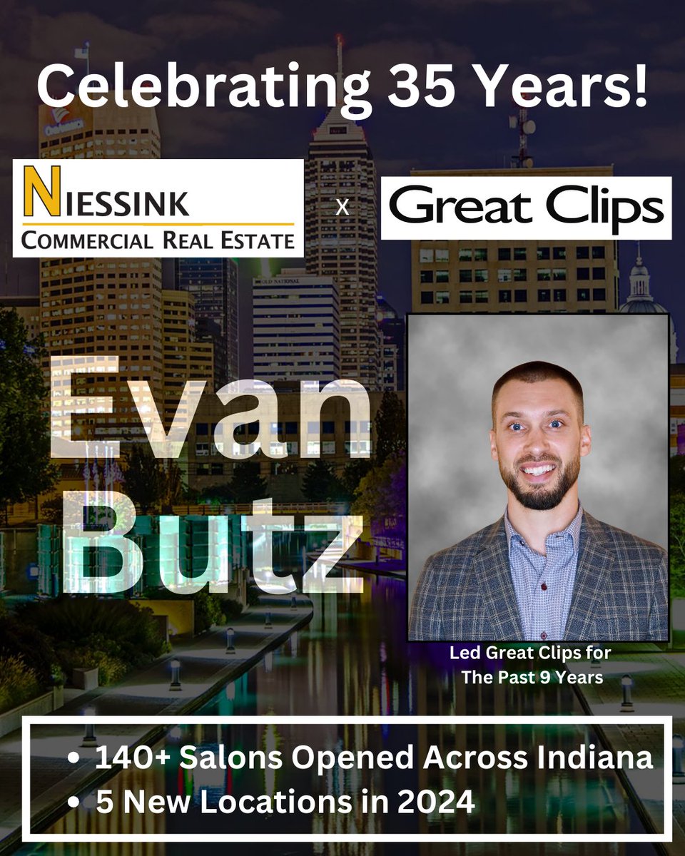 NiessinkCRE's tweet photo. For 35 years, Niessink Commercial has represented @GreatClips, helping them bring affordable haircuts to 140+ locations across Indiana. In 2024 Evan Butz helped Great Clips open 5 new salons. 

Here's to a "Great" 2025! https://t.co/vBcZSCLGyG