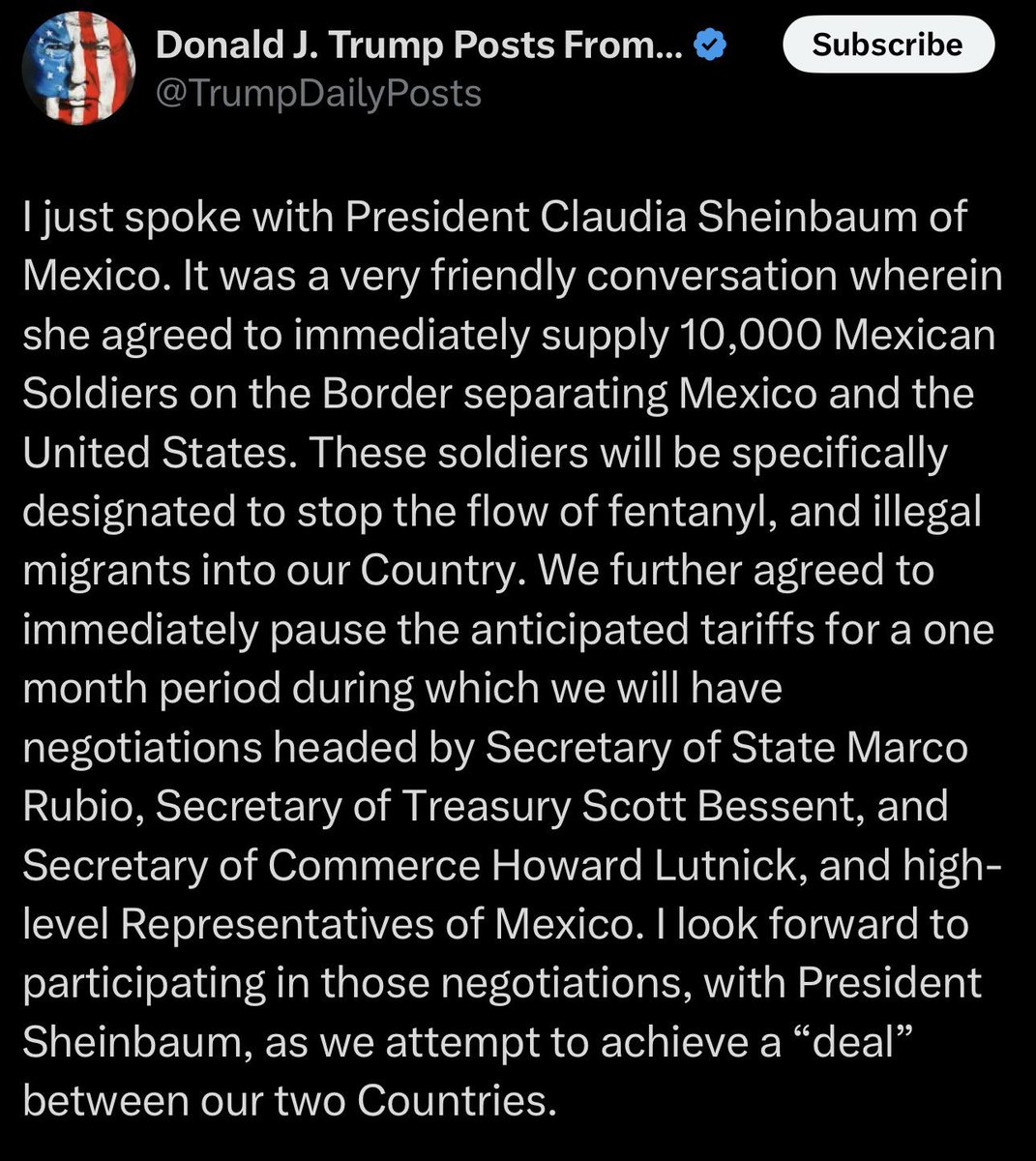 Traduzco del trumpista al castellano: “viendo que mi verborrea incendiaria y mis amenazas no han servido de nada contra la presidenta Claudia Sheinbaum y habiendo constatado que el pueblo mexicano no entra en mis estúpidas provocaciones, procedo a bajarme los pantalones y